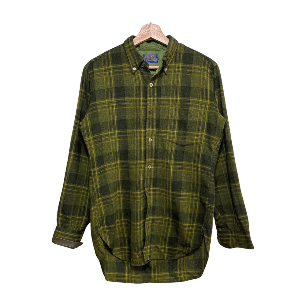 Vintage 70s Pendleton Green Plaid Elbow Panel Flannel Shirt Size M 100% Wool